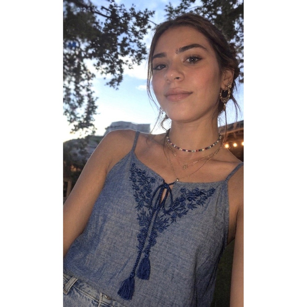 Ann Taylor Denim Chambray Embroidered Tank Top S Blue Tassel Boho Sleeveless